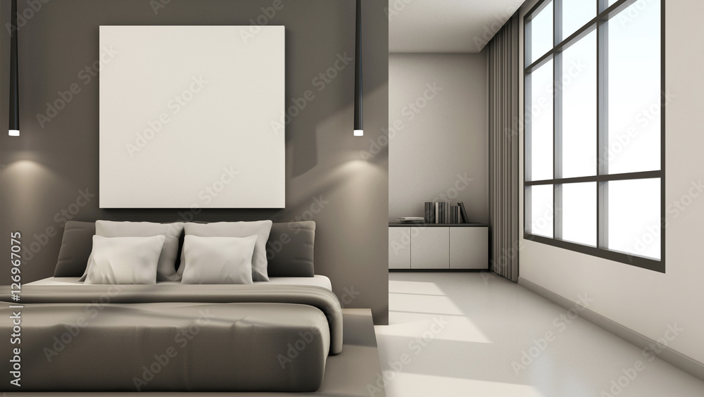 Bedroom interior design minimal loft - 3D render