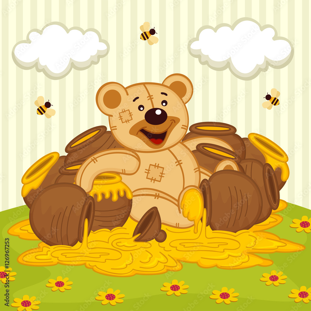 Obraz premium teddy bear among pot of honey on meadow - vector illustration, eps