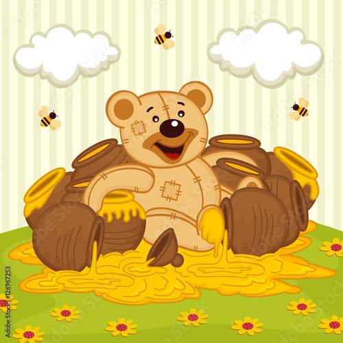teddy bear among   pot of honey on meadow - vector illustration, eps