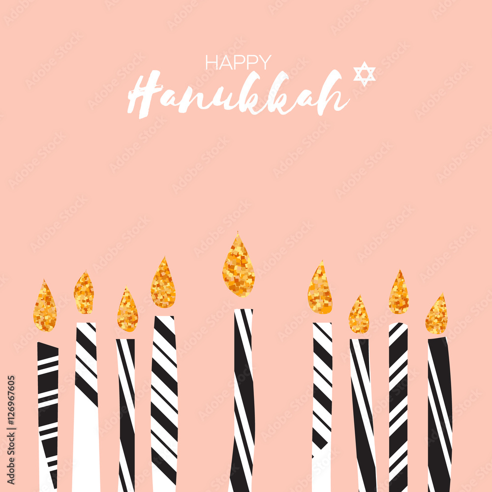 Cute Happy Hanukkah Greeting card with gold glitter elements. Cute Happy Hanukkah Greeting card with gold glitter elements.