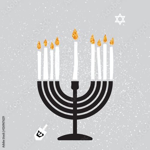 Cute Happy Hanukkah Greeting card with gold glitter elements.