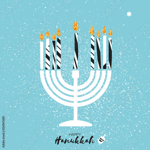 Cute Happy Hanukkah Greeting card with gold glitter elements.