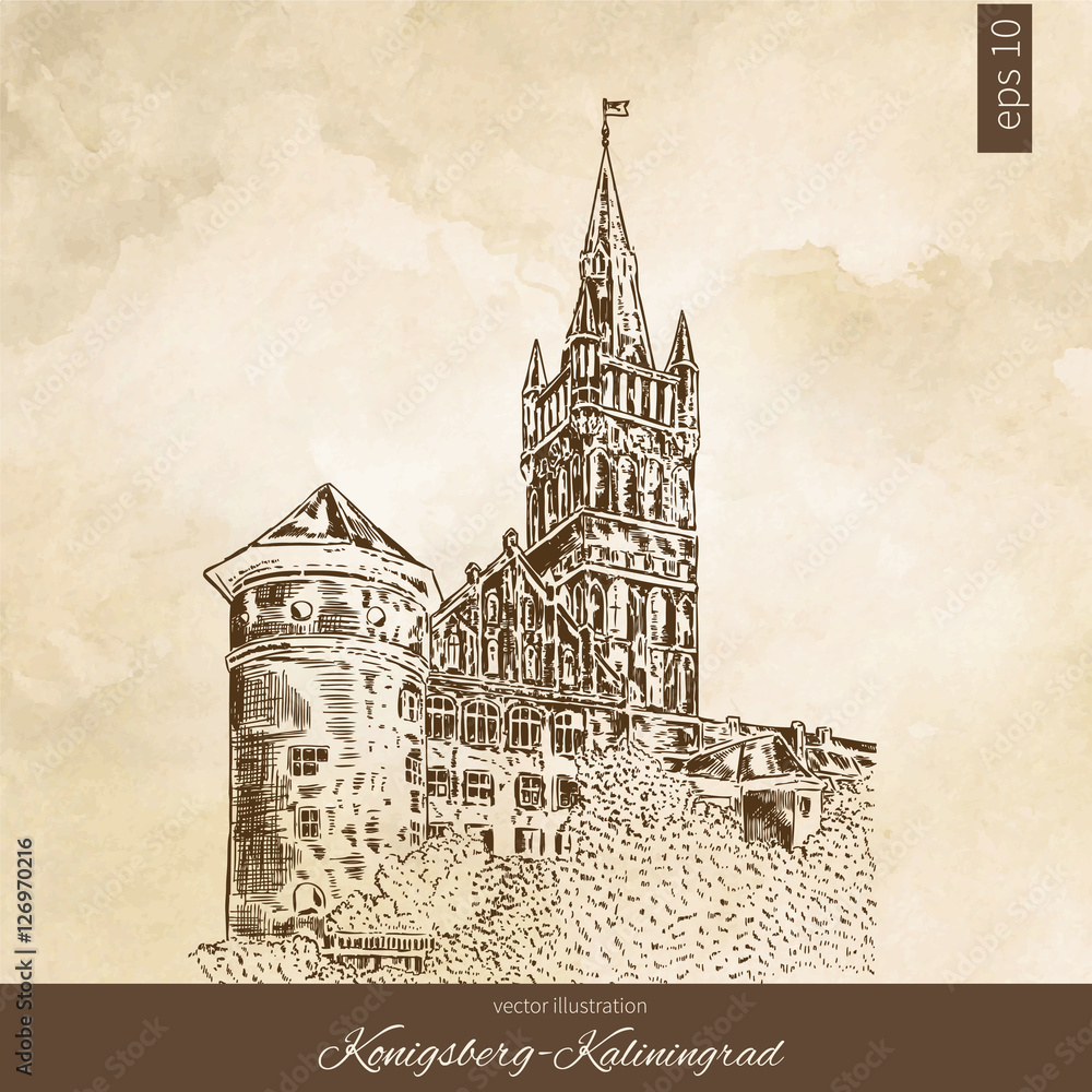 The Royal castle of Koenigsberg, Kaliningrad Russia, hand drawn engraving vector illustration isolated on brown watercolor background, vintage style for touristic postcard, calendar template