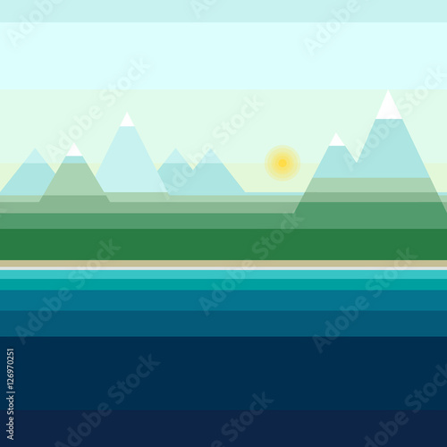 Landscape whihl mountains design in the style of the material. Linear landscape. Summer day at sea.