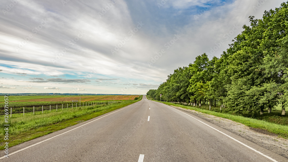Asphalt road in Russian countryside. Road stretches into horizon. Asphalt road in Russian countryside. Road stretches into horizon.