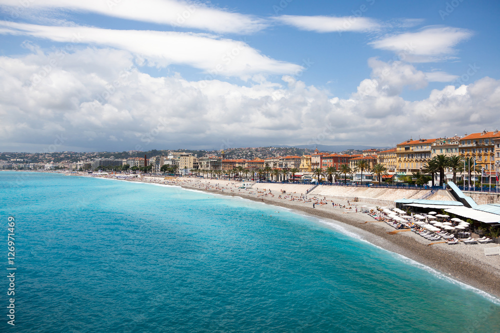 view of the coastline of Mediterranean sea, bay of Angels, Nice,
