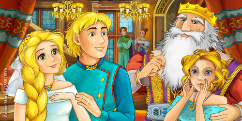 Cartoon scene with married couple in the castle with father and sister - illustration for children