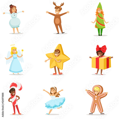 Children Dressed As Winter Holidays Symbols For The Costume Christmas Carnival Party