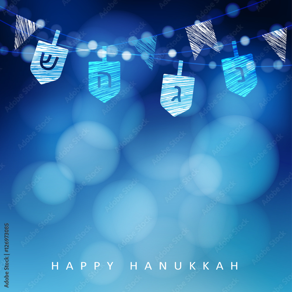 Naklejka premium Hanukkah blue background with string of light and dreidels. Festive party decoration. Modern blurred vector illustration.