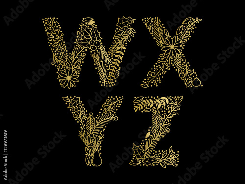 Christmas or Winter Themed Floral Alphabet in Gold Foil Style - Vector