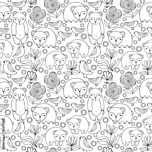 Cartoon white bears, birds and flowers. Monochrome Seamless Pattern.