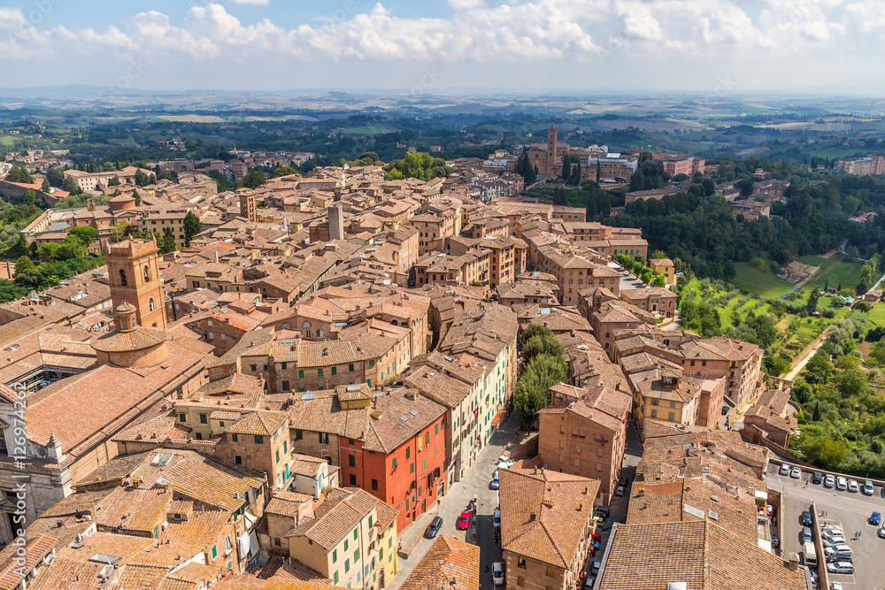 Siena, Italy. View historical center of Torre del Mangia Tower (UNESCO)