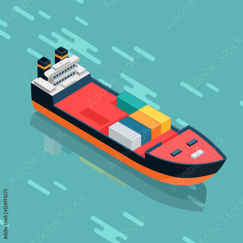 Container or Cargo Ship Sailing in the Sea. Vector