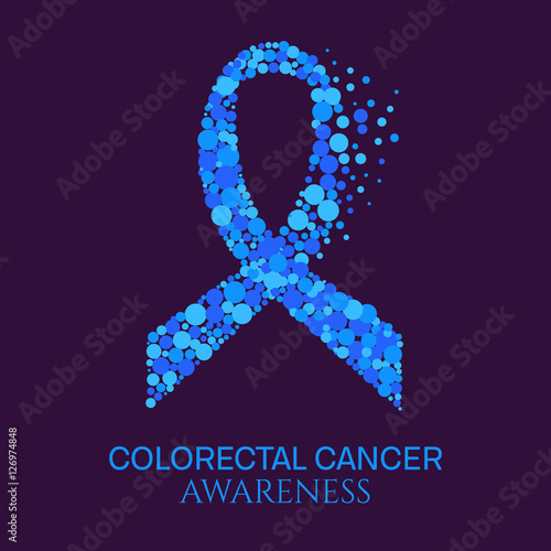 Colon cancer awareness poster. Blue ribbon made of dots on purple background. Medical concept. Vector illustration.