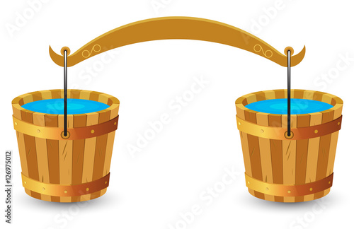 Two wooden buckets with clean drinking water and yoke on white b