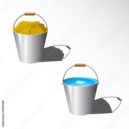 Bucket of water. Bucket with sand.