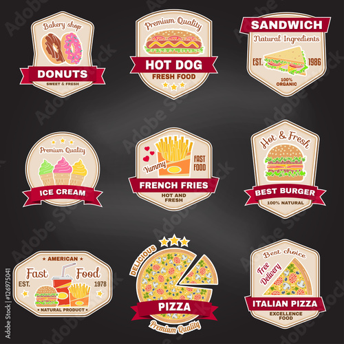 Set of vintage fast food badge, banner or logo emblem.