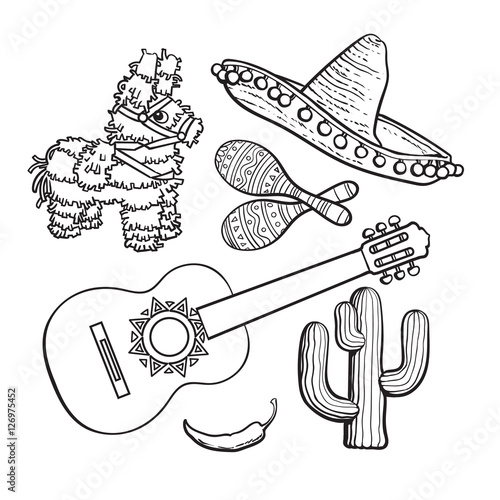 Mexican set - sombrero, pinata, maraca, tequila cactus, chili spanish guitar, black white sketch vector illustration isolated on background. Mexican sombrero, rumba shakers, ornamented pinata, cactus