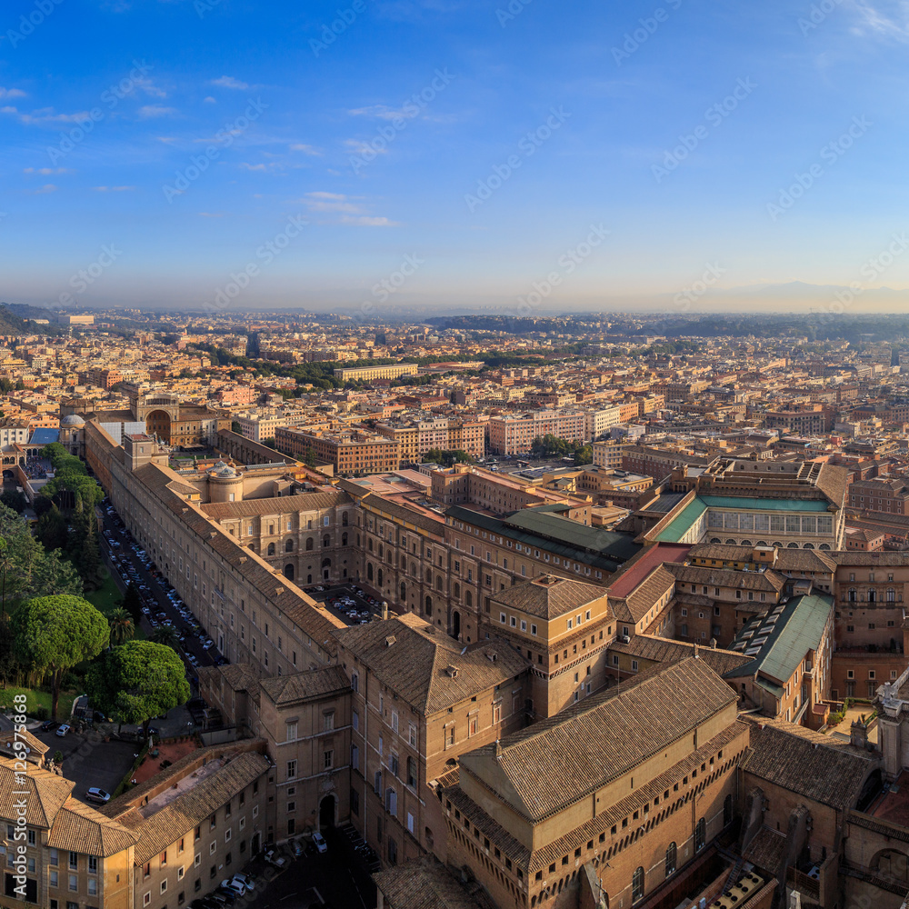 A view of the Sistine Chapel and the Vatican in Rome from the dome of St. Peter, sunny morning