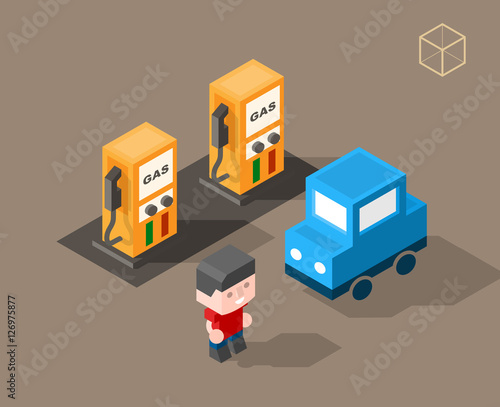 Set of Isolated Isometric Minimal City Elements. Petrol Station with Shadows on White Background.