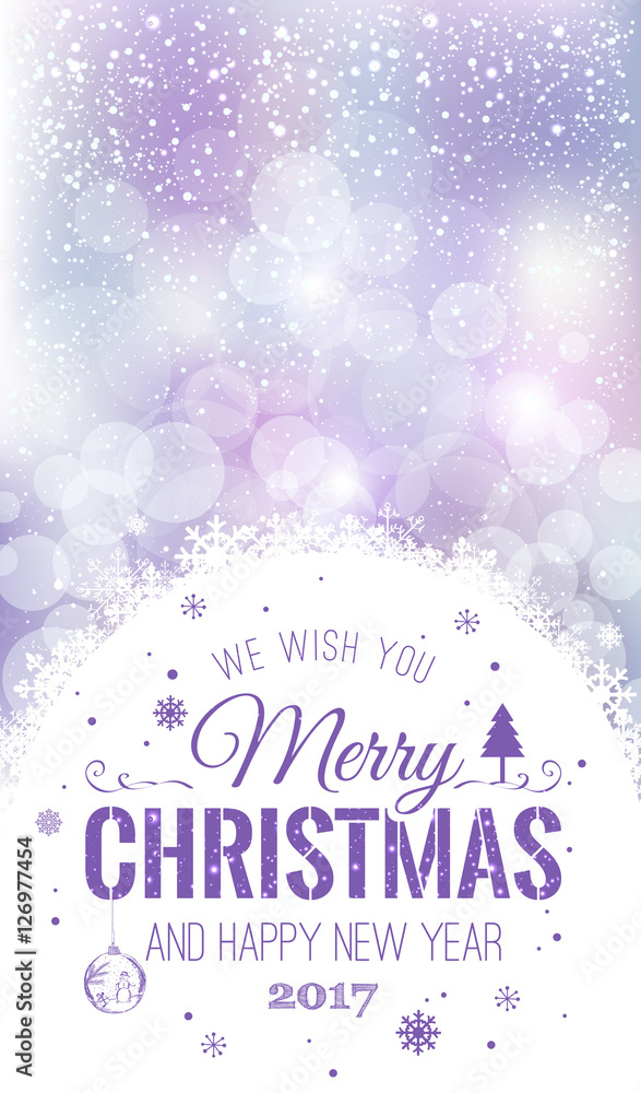 Christmas and New Year typographical on holidays background with snowflakes, light, stars. Vector Illustration. Xmas card