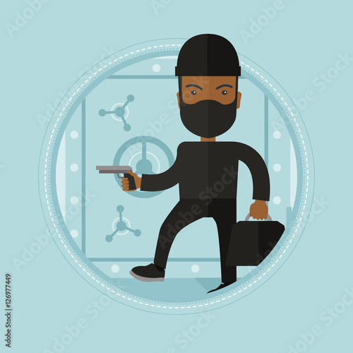Burglar with gun near safe vector illustration.