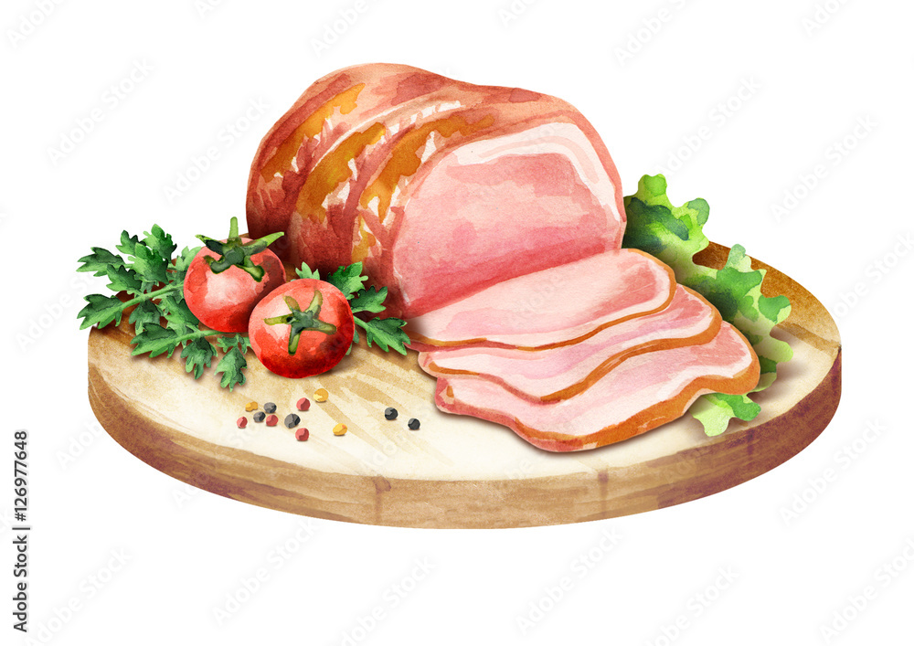 Ham with spices on a plate. Watercolor Ham with spices on a plate. Watercolor