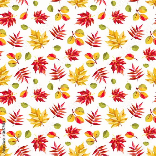 Autumn pattern. Colorful abstract leaves of maple, aspen and rowan. Seamless ornament.