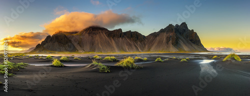 Sunset above  Vestrahorn and its black sand beach in Iceland