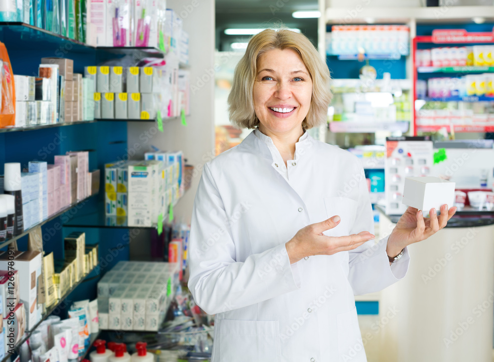Female pharmacist in drugstore.