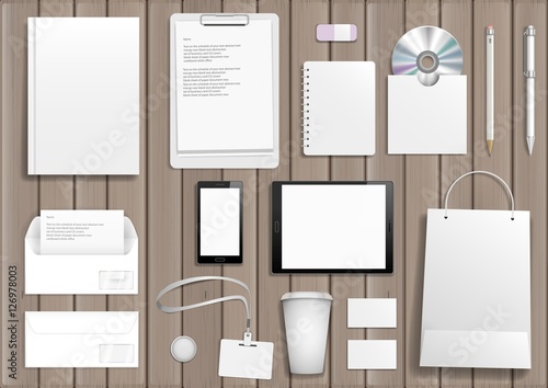 Vector corporate mock up. Set items with the tablet, cover, business card, bag, envelope, pencil and pen.