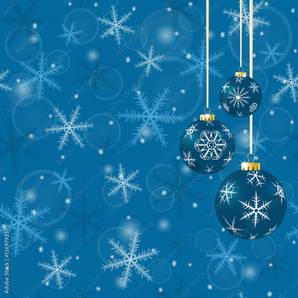 Christmas card with balls and snowflakes on blue background.
