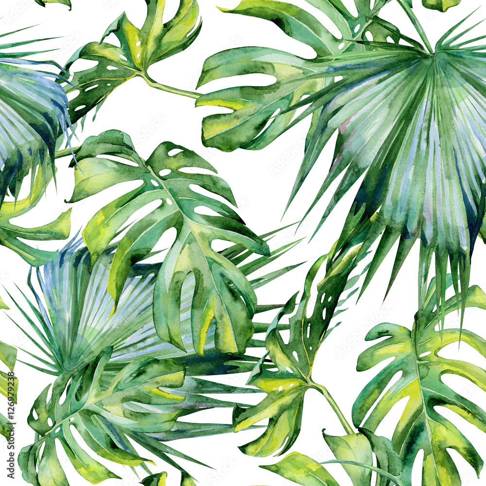 Fototapeta Bezszwowa akwareli ilustracja tropikalni liście, zwarta dżungla. Malowane ręcznie. Baner z motywem tropic summertime może być używany jako tekstura tła, papier pakowy, tkanina lub tapeta.