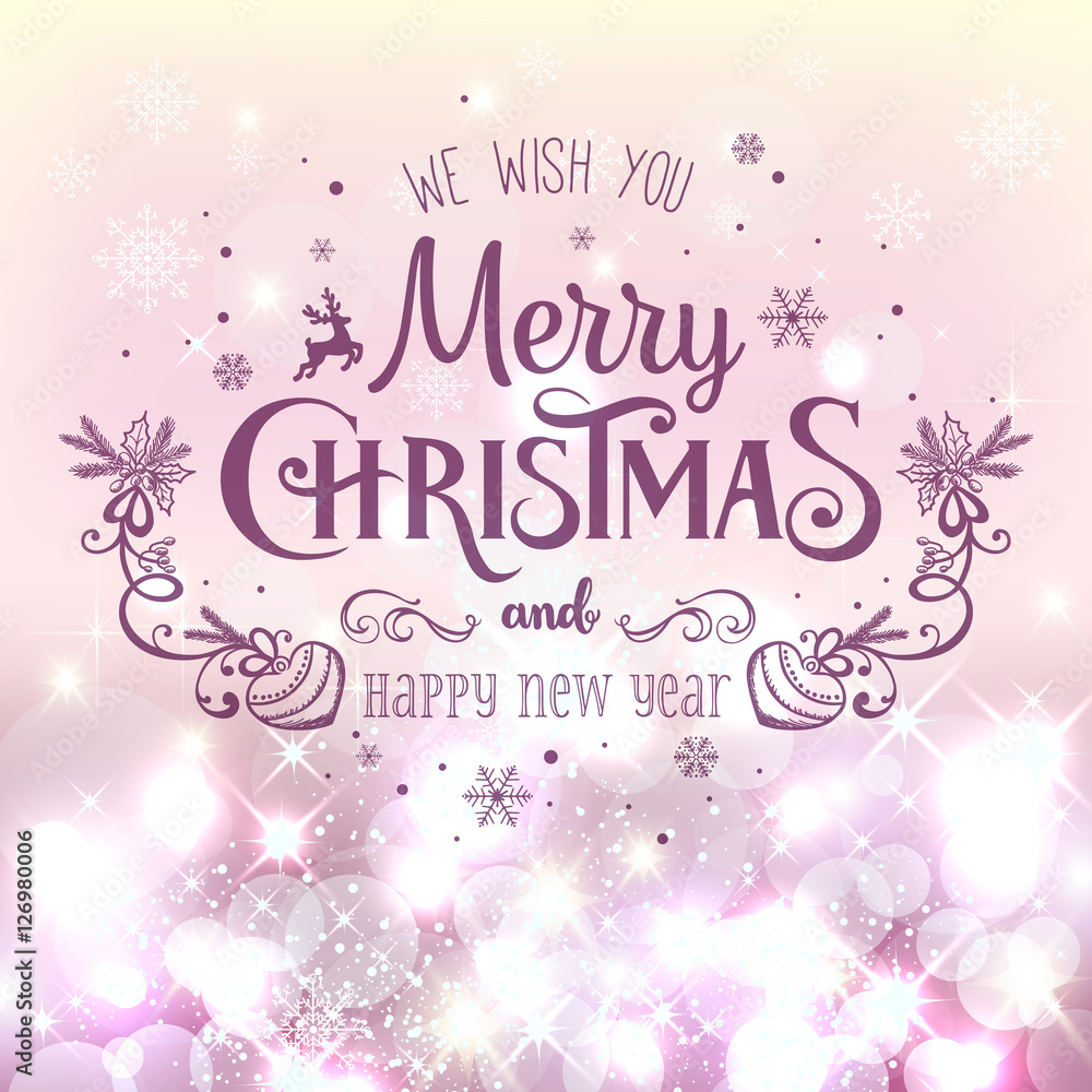 Christmas and New Year typographical on holidays background with snowflakes, light, stars. Vector Illustration. Xmas card