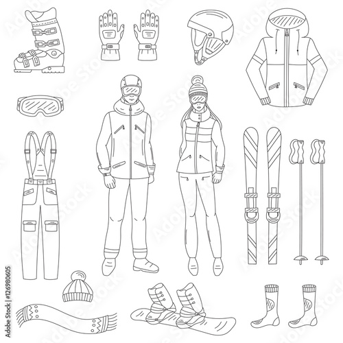 Ski and snowboard icons set , winter sport equipment , snowboard jacket,  board, ski and sticks, boots, goggles, helmet , snowboarder man and woman, isolated hand drawn doodle vector illustration.