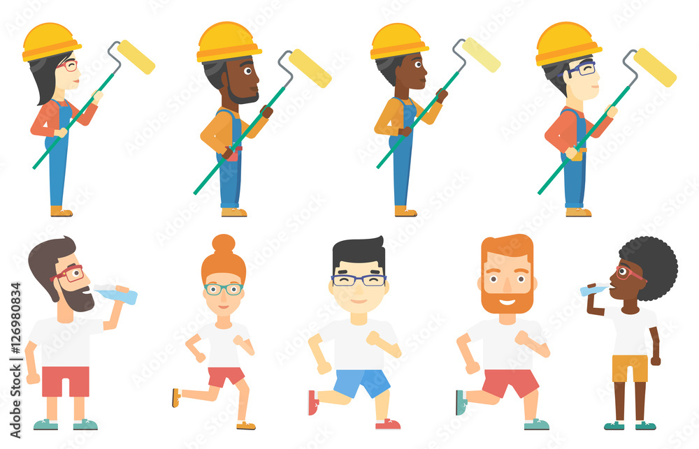 Vector set of builders and sportsmen characters. Vector set of builders and sportsmen characters.