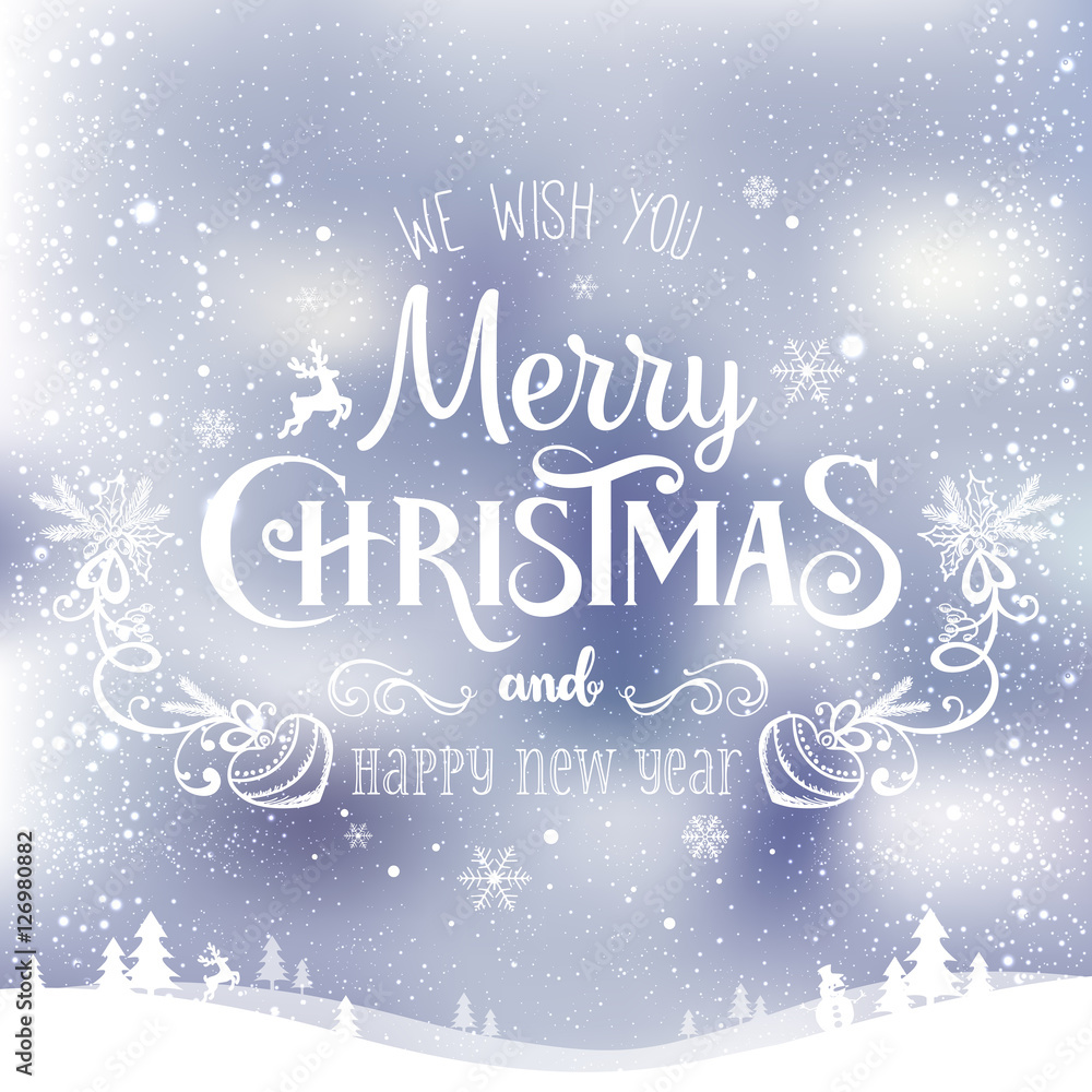 Christmas and New Year typographical on background with winter landscape with snowflakes, light, stars. Xmas card. Vector Illustration Christmas and New Year typographical on background with winter landscape with snowflakes, light, stars. Xmas card. Vector Illustration