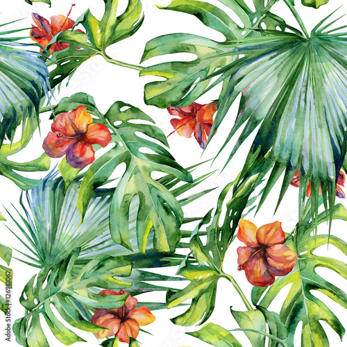 Seamless watercolor illustration of tropical leaves, dense jungle. Hand paint...
