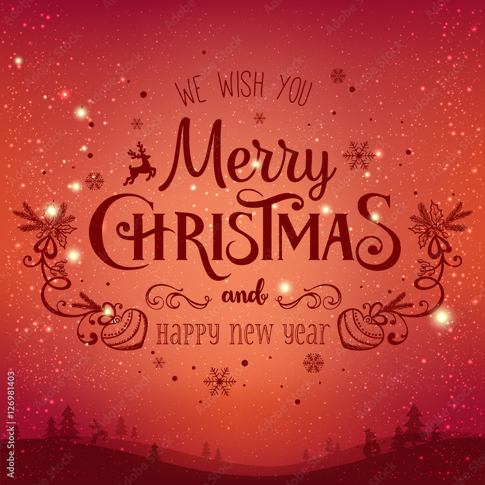 Christmas And New Year Typographical on shiny Xmas background with snowflakes, light, stars. Vector Illustration. Xmas card