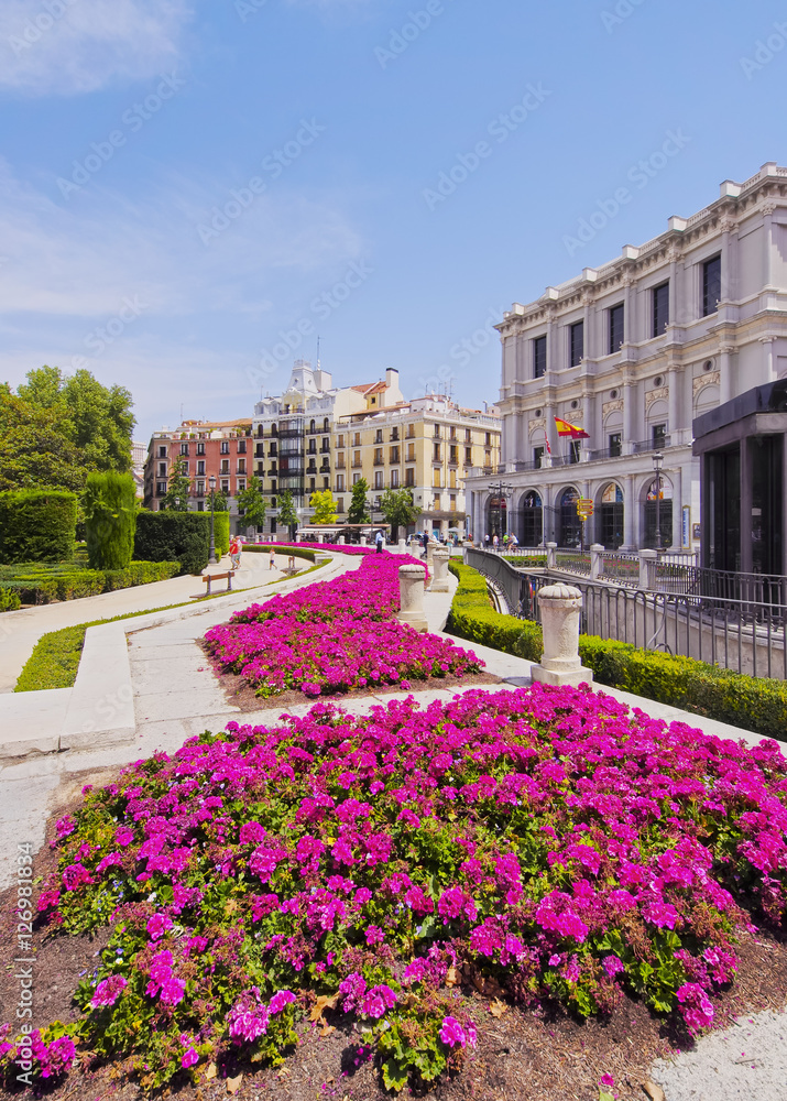 Spain, Madrid, View of the Teatro Real from the side of the Plaza de Oriente.