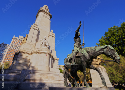Spain, Madrid, View of the Miguel de Cervantes Saavedra Monument on Plaza Espana..