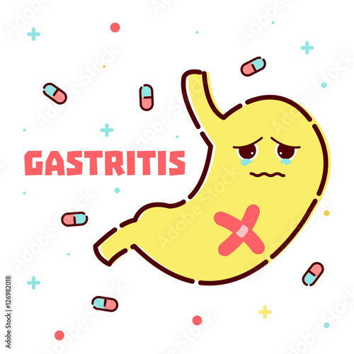 Gastritis stomach disease awareness poster with sad cartoon stomach character on white background. Chronic erosive stomach inflammation. Human body organs anatomy icon. Vector illustration.