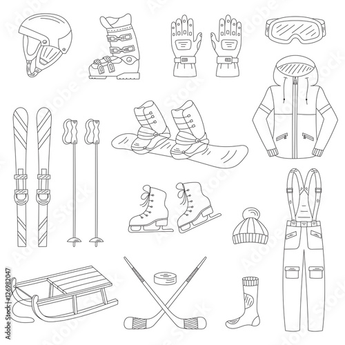 Winter sports collection, snowboard equipment, boots, board, helmet, goggles, protective clothing, ski kit, ice skates, sledge, isolated. Winter activity icons  hand drawn doodle vector illustration. 