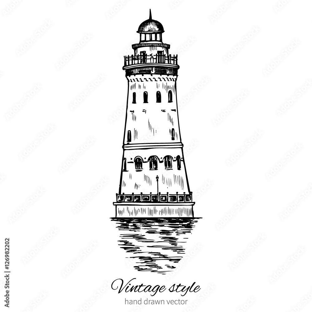 Lighthouse hand drawn ink vector illustration sketch, engraving tower of vintage style, Ethnographic trade center embankment of the Fishing Village river Pregel, Kaliningrad Russia, for touristic card