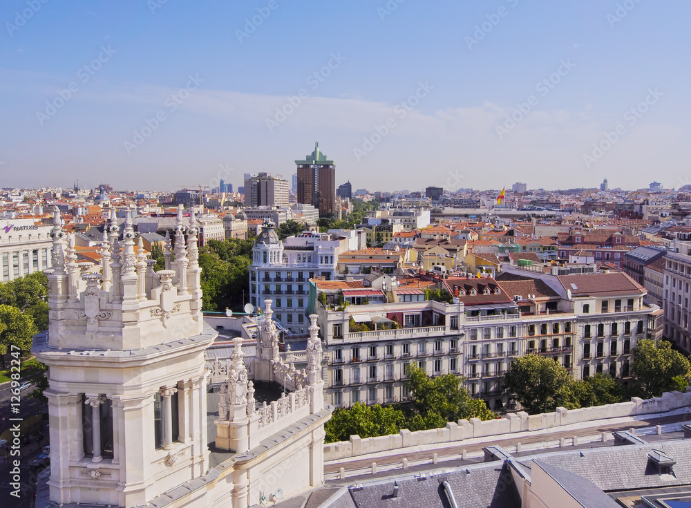 Spain, Madrid, Cityscape viewed from the Cybele Palace.