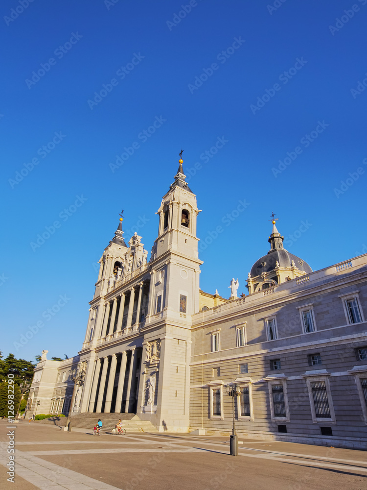 Spain, Madrid, View of the Cathedral of Saint Mary the Royal of La Almudena and Plaza de la Armeria..