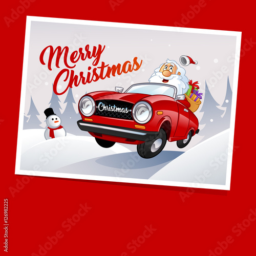 Funny Santa Claus, he is driving a red car