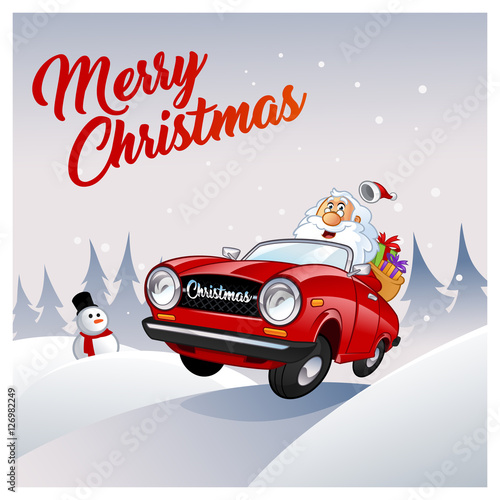 Funny Santa Claus, he is driving a red car