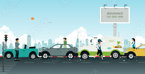 Car crash on the road with banners on insurance as a backdrop.