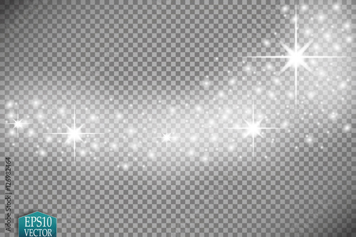 Vector white glitter wave abstract illustration. White star dust trail sparkling particles isolated on transparent background. Magic concept